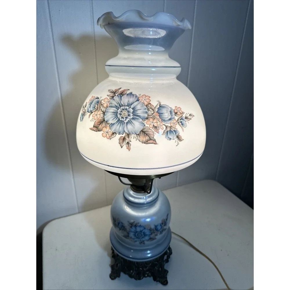 Vintage Gone With the Wind Lamp Blue Pink Floral Milk Glass Hurricane Victorian
